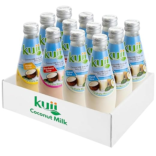 Kuii Coconut Milk Drink Variety Pack – 12 Count with Original Coconut, Strawberry & Mango Flavors – Refreshing Drinks with Nata de Coco for Fun & Fruity Tropical Hydration, 9.8 fl oz Bottles