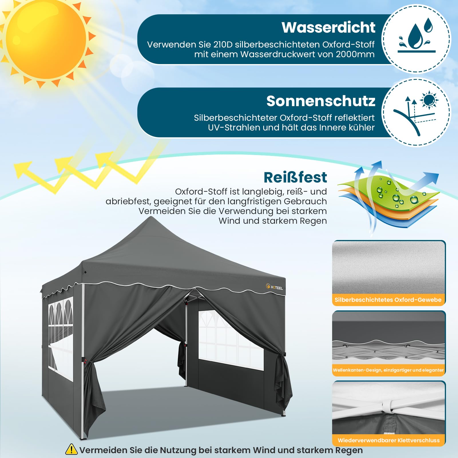 HOTEEL Tonnelle Pliante 3x3 Imperméable avec 4 Parois Latérales, Installation Facile Barnum Pliant 3x3 Portable Tonnelle de Jardin Exterieur avec 4 Sacs de Sable pour Fête, Festival, Marché, Gris