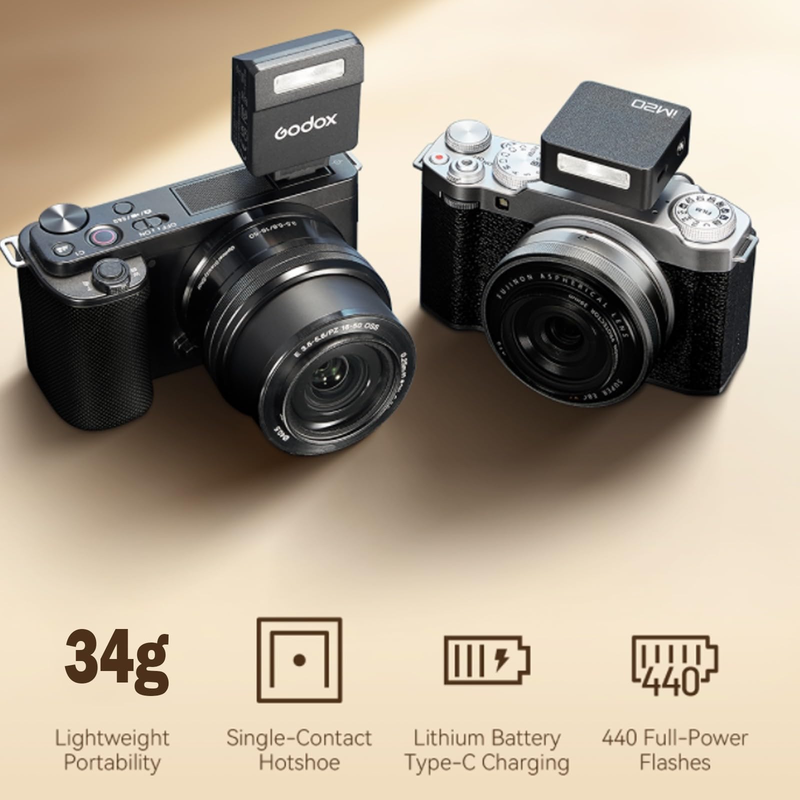 Godox iM22 Mini Flash para Canon, Sony, Fuji, Nikon, Panasonic, Olympus, Pentax, Tiempo de Recarga de 3 s, Aprox. 440 Flashes, Flash para Sony ZV1, etc. DSLR (batería de Litio incorporada)