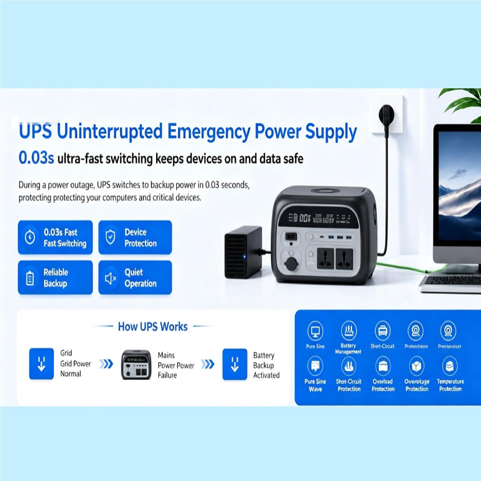Centrale di alimentazione portatile 500W (Picco 1200W), 345,1Wh 108000mAh | Ricarica rapida e wireless, uscita CA 110V/220V, display LCD, campeggio outdoor e UPS domestico(220V Universal UK Plug)