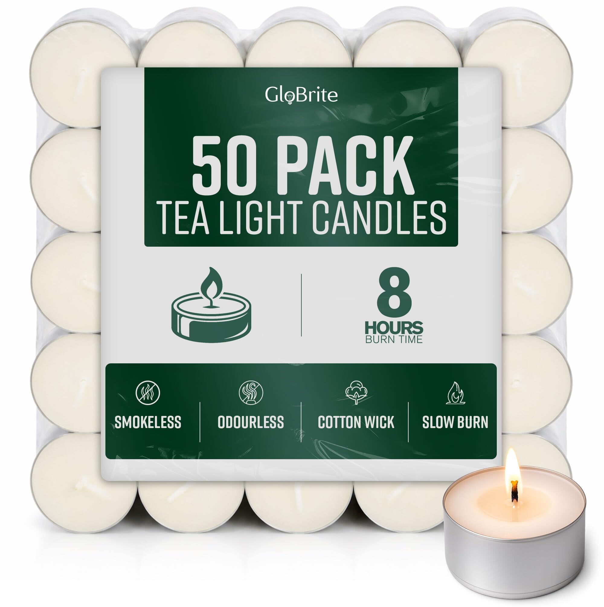 GloBrite Unscented Tea Lights – 8-Hour Long Burning Candles with Aluminum Cups for Home, Events & Decor (Pack of 50)