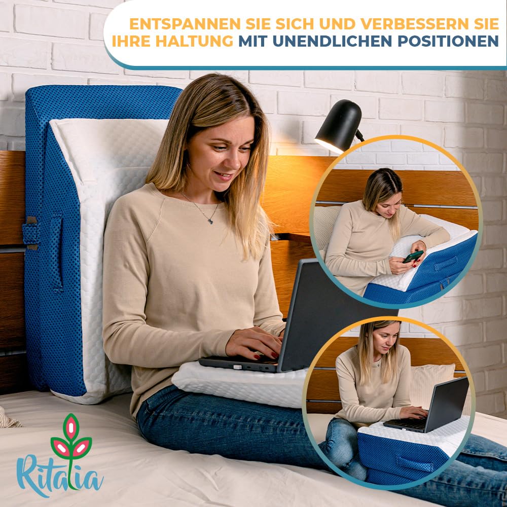 Ritalia Venenkissen – Beinhochlagerungskissen, 3-Fach höhenverstellbar, Memory Foam, atmungsaktiver Bambusbezug, 64x43x24 cm, ergonomisch, für Erwachsene, Blau