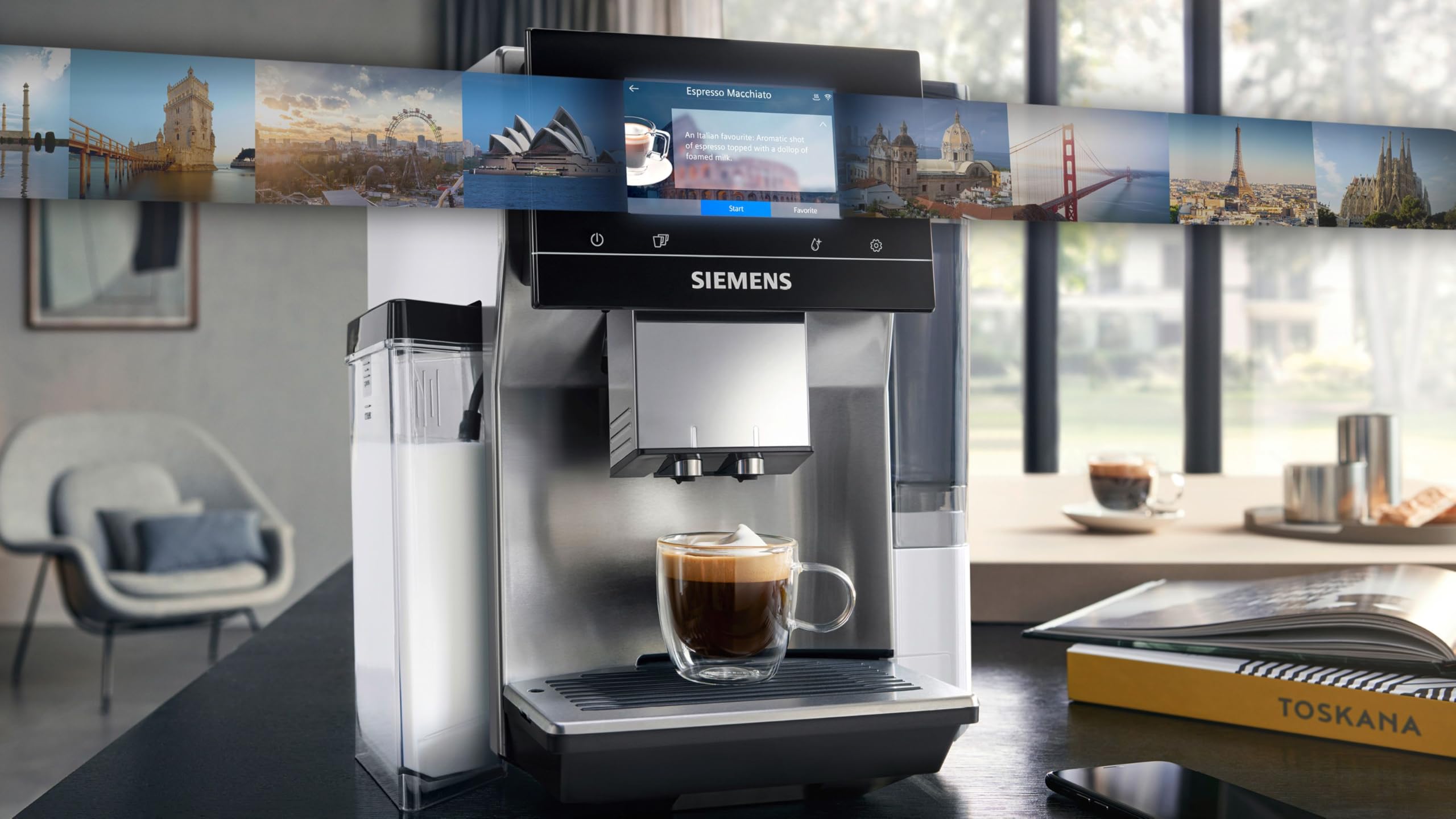 SIEMENS, macchina da caffè a grano tutto automatico, EQ700, schermo iSelect,coffeeeWorld,Cold Brew,Slow Brew,Latte Bricker, Home Connect, Acciaio inossidabile,Bianco,TQ715R03 integral
