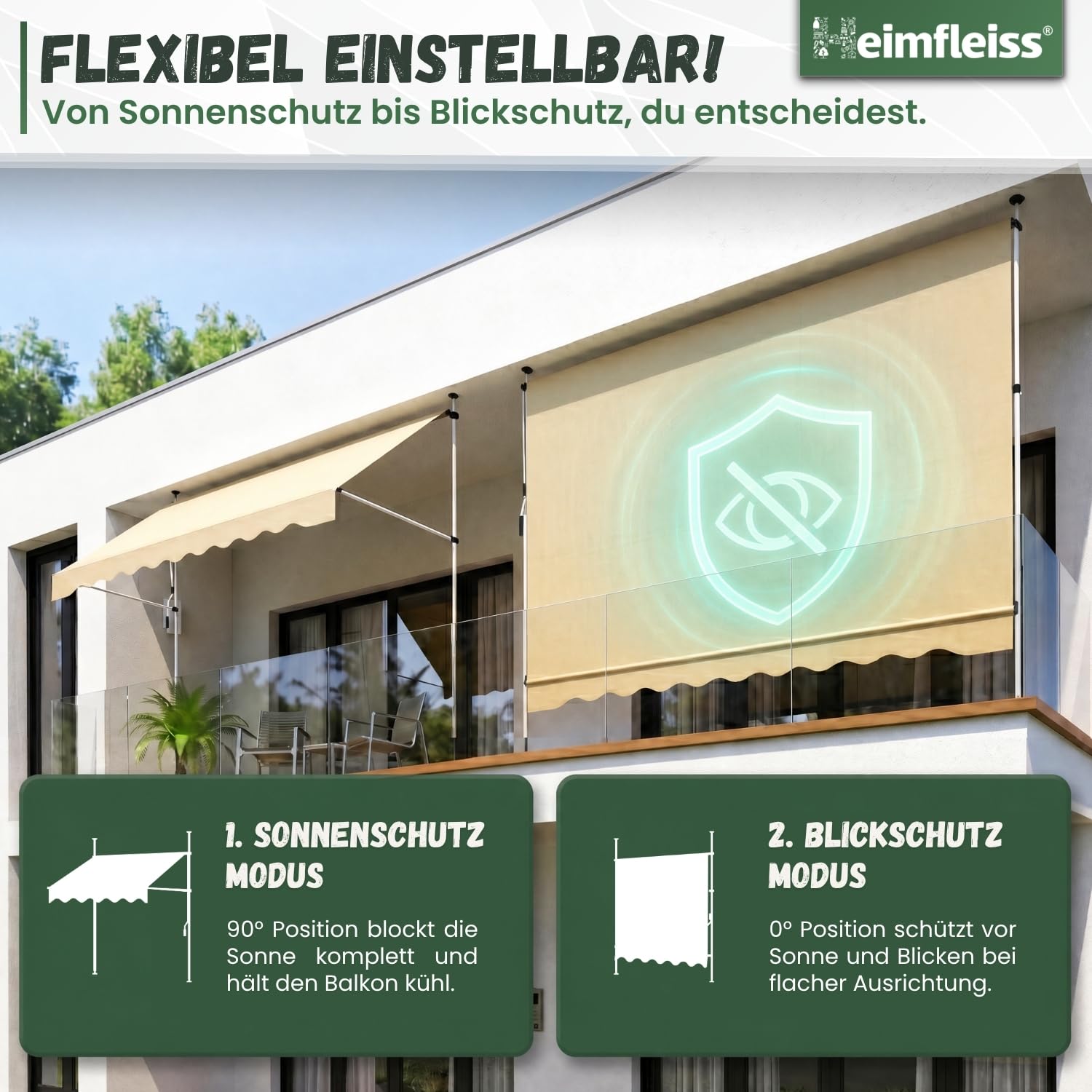 Heimfleiss® Klemmmarkise 350 cm breit mit Handkurbel | Markise Balkon ohne Bohren | Balkon Sonnenschutz, UV-beständig (UV 50+), höhenverstellbar & wasserabweisend | 3,5m Balkonmarkise zum Klemmen