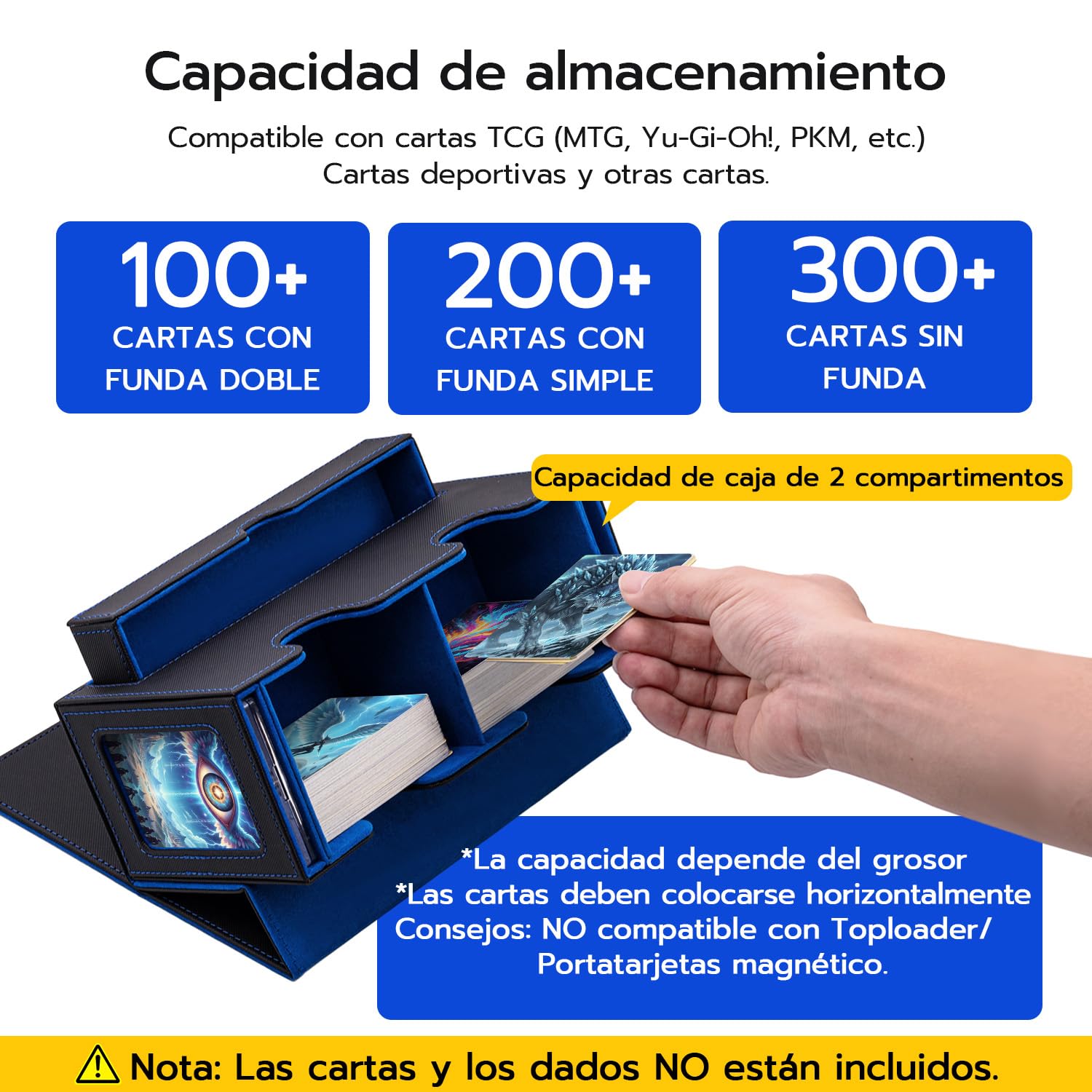 Caja De Tarjetas De Doble Capa para MTG, con Cajón De Dados, 2 Ventanas Laterales, Caja De Cubierta Magnética con Capacidad para Más De 300 Tarjetas para Tarjetas Commander TCG - Azul Negro