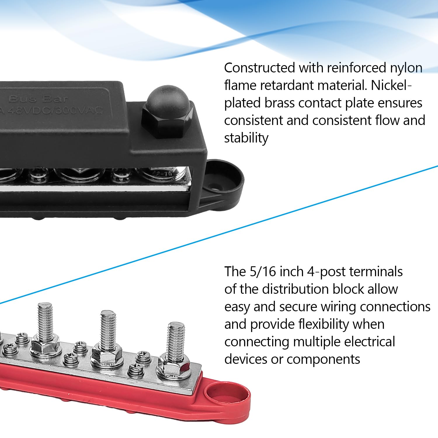 Busbar 250 A, z 4-pinowym blokiem zacisków 5/16" (M8), trwały i wytrzymały, łatwy w użyciu, blok zacisków 12 V, odpowiedni do samochodów, łodzi, systemów akumulatorowych (czarny i czerwony) (1)