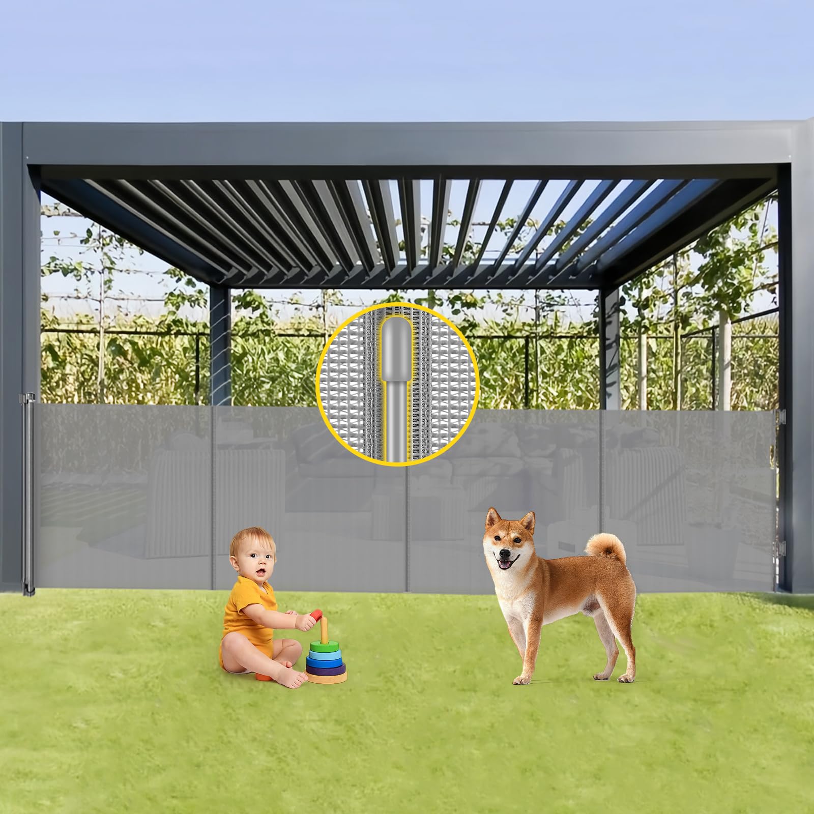 Reinforced 42” Tall x 160” Extra Wide Retractable Gates with Support Rods, Tall Pet Gate for Large Openings, Outdoor Dog Gates Extra Wide Baby Gate for The House Large Mesh Gate, Gray