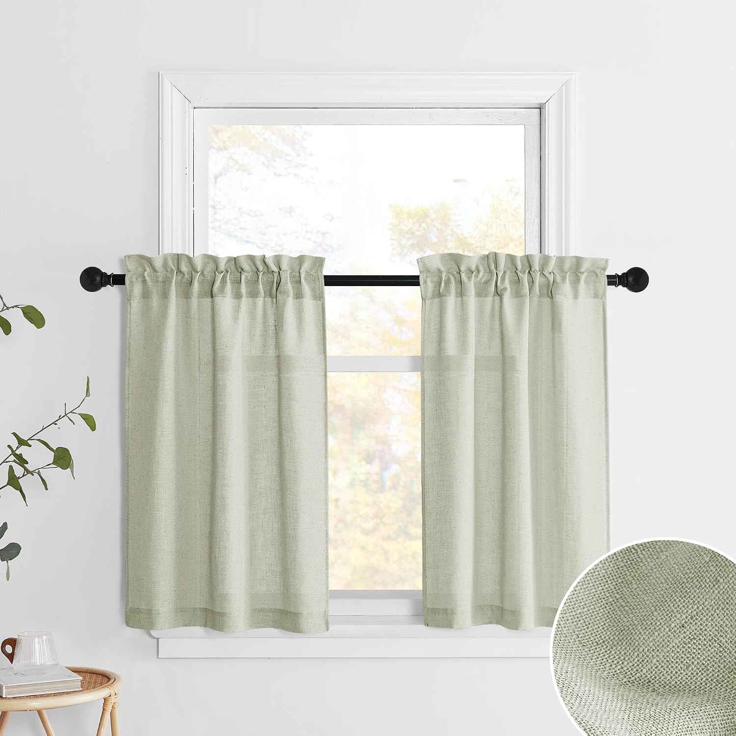 Pony Dance Kitchen Curtains 24 inch Length Set of 2, Linen Textured Semi Sheer Boho Farmhouse Short Curtains for Small Bathroom RV Basement Country Half Window Tier for Cafe, 26 inch Wide, Beige