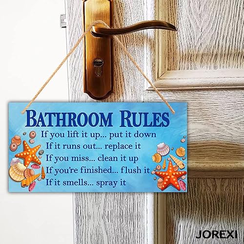 Miniatura 5 de Decoración de baño de playa, letrero colgante de pared con reglas de baño, placa de madera con conchas y estrellas de mar, arte de pared para