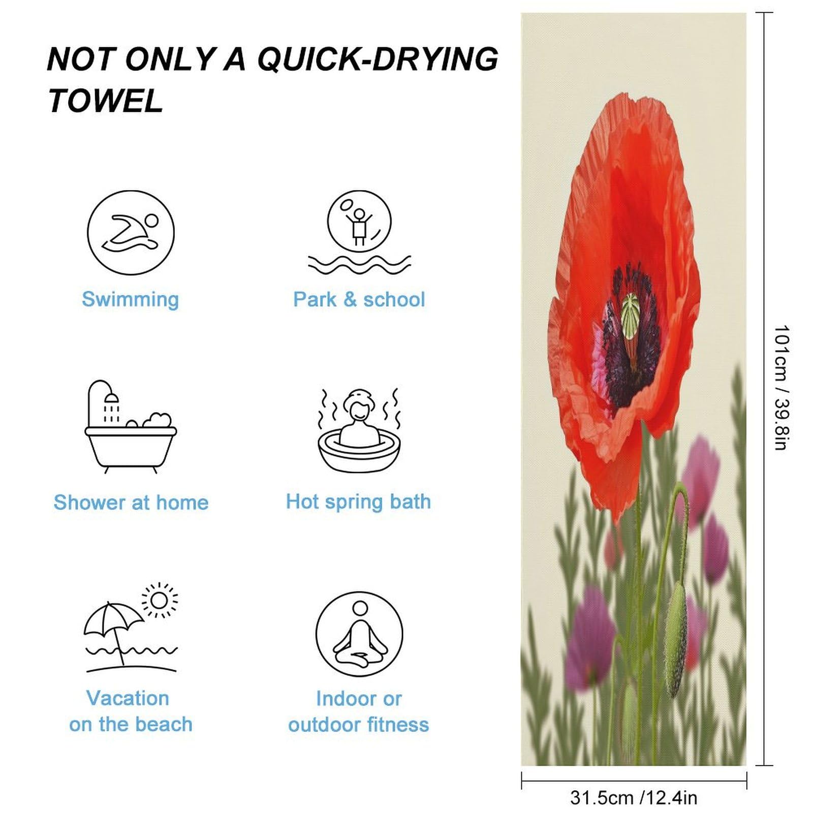 AQRJLPM Poppy Flower Quick Dry Towel Cold Fabric Workout Sweat Towels Highly Absorbing Odor-Free Travel Towel for Hot Yoga Tennis Running Exercise Working Out Camping