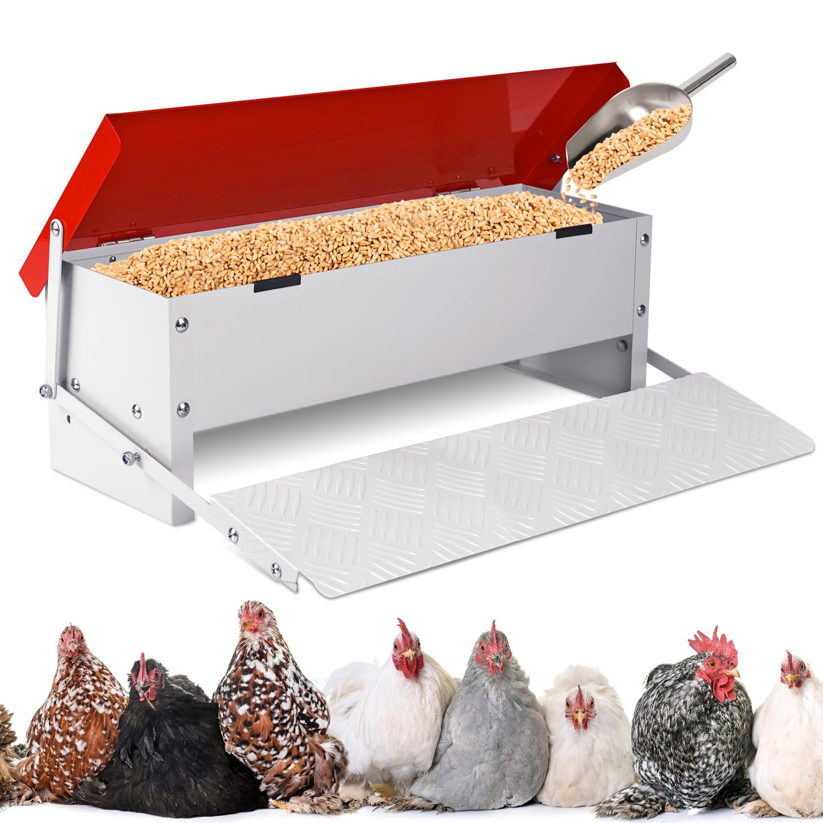 Comedero automático para pollos, 7 kg, comedero de metal para aves de corral con cuchara de acero inoxidable para exteriores, sin residuos, con tapa resistente a la intemperie para 6-12 pollos