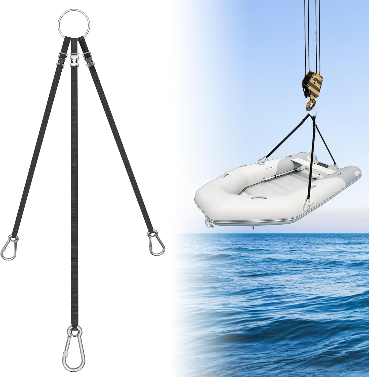 Adjustable 3 Leg Inflatable Dinghy Boat Lift Slings, with Locking Spring Clips, Stainless Steel Hardware & Nylon Webbing, for Inflatable Dinghies