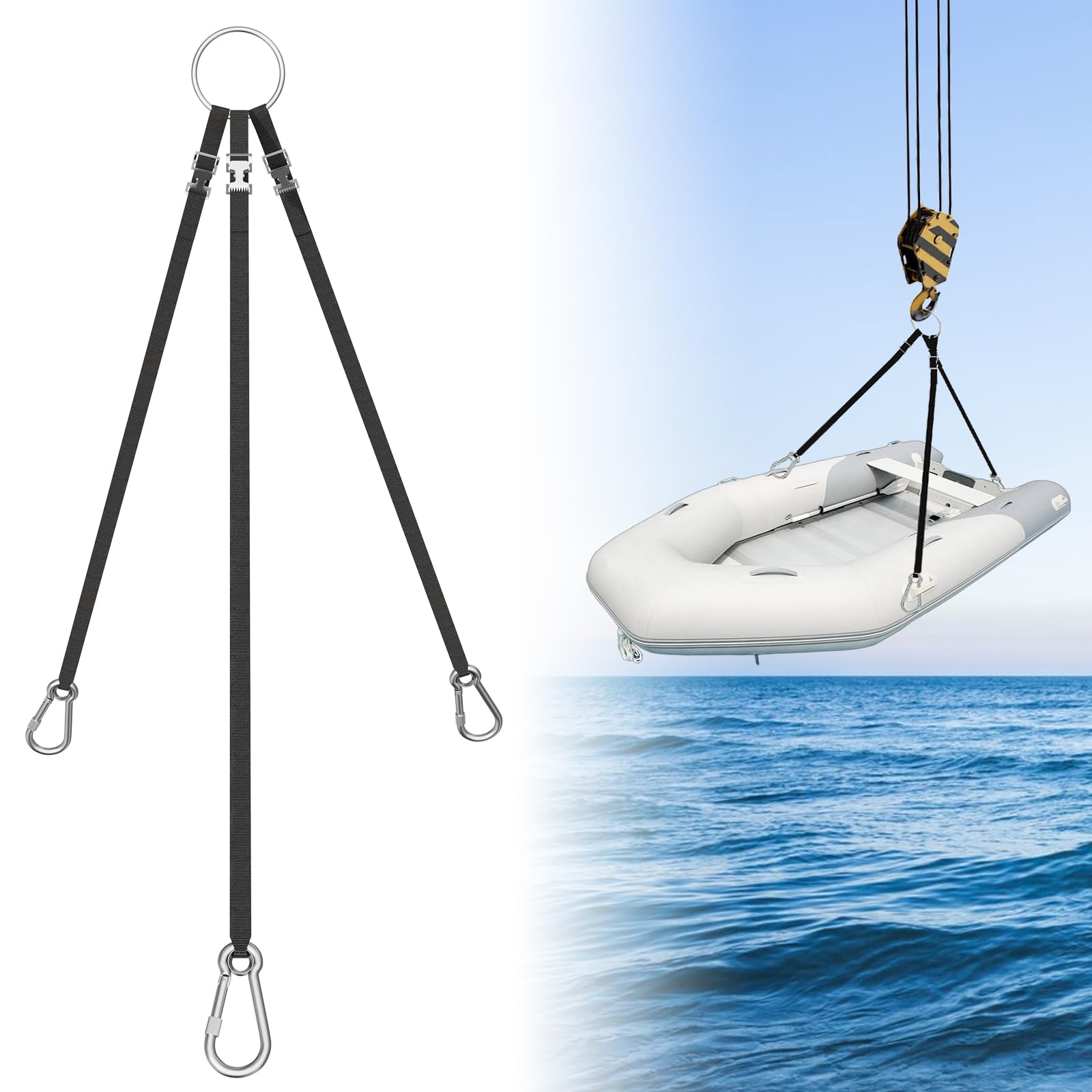 Adjustable 3 Leg Inflatable Dinghy Boat Lift Slings, with Locking Spring Clips, Stainless Steel Hardware & Nylon Webbing, for Inflatable Dinghies
