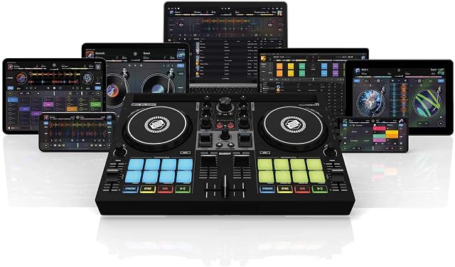 Reloop Buddy compact 2-channel DJ controller for Algoriddim DJay on iOS, PadOS, Android, Mac and PC with RGB performance pads, FX paddles and Neural Mix controls AMS-BUDDY