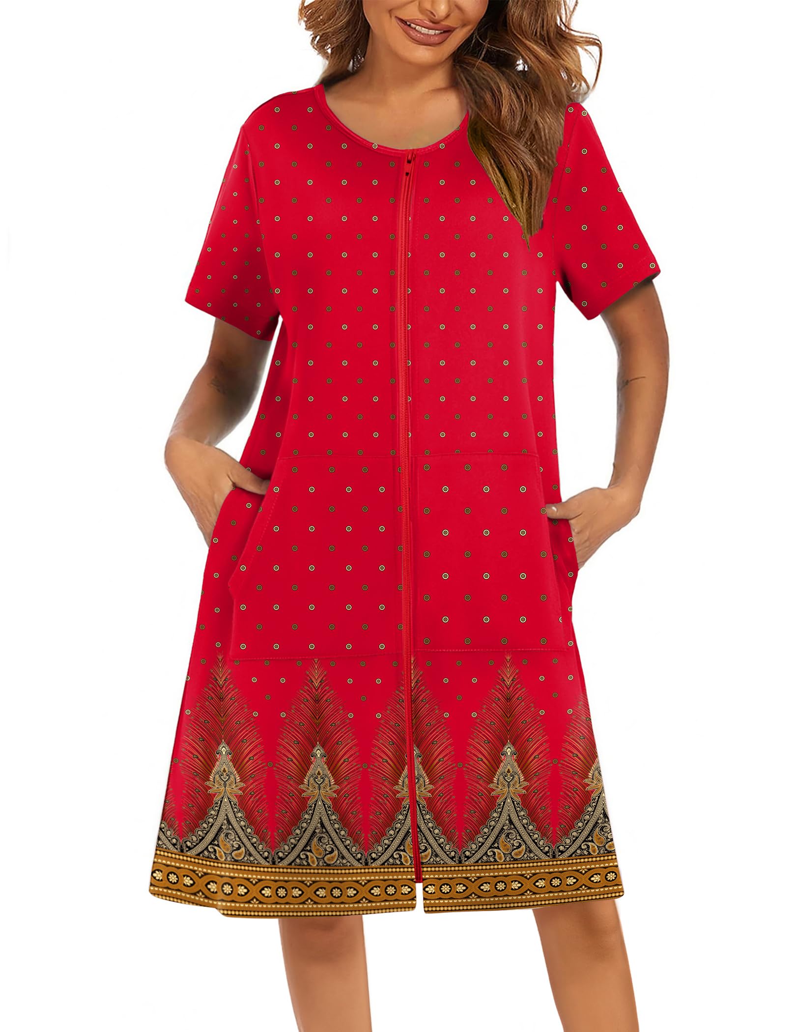 Ekouaer Women Robes Lightweight House Coat Short Sleeve Floral Print Mumu House Dresses with Pockets Zipper Nightgowns