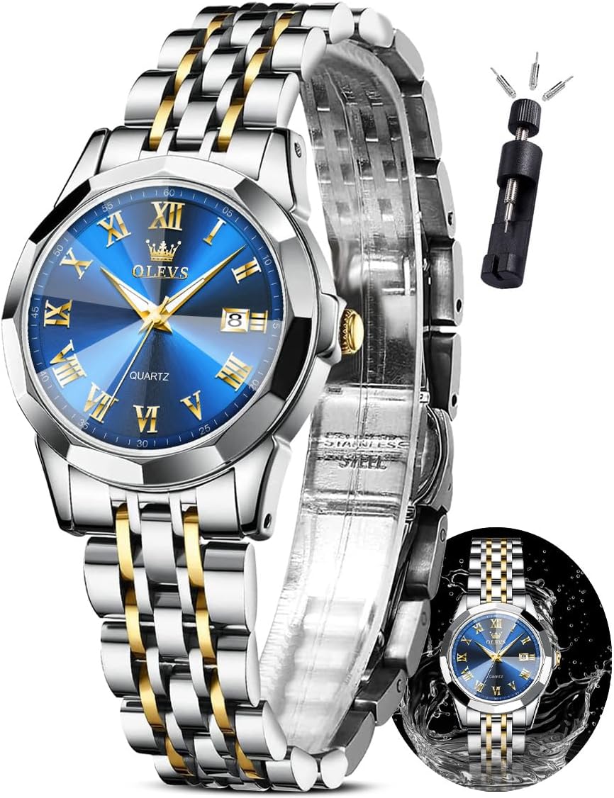 OLEVS Women Watch, Small Face Stainless Steel Strap Round Watch for Ladies, Roman Numerals Luxury Diamond Watch Waterproof Analog Quartz with Date Watch for Women