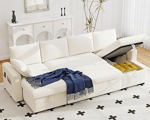 Real Relax 104'' Sofa Bed, U Shaped Sleeper Sofa Bed with Pull Out Couch and Chaise Storage for Living Room, Apartment and Office, Chenille, Beige