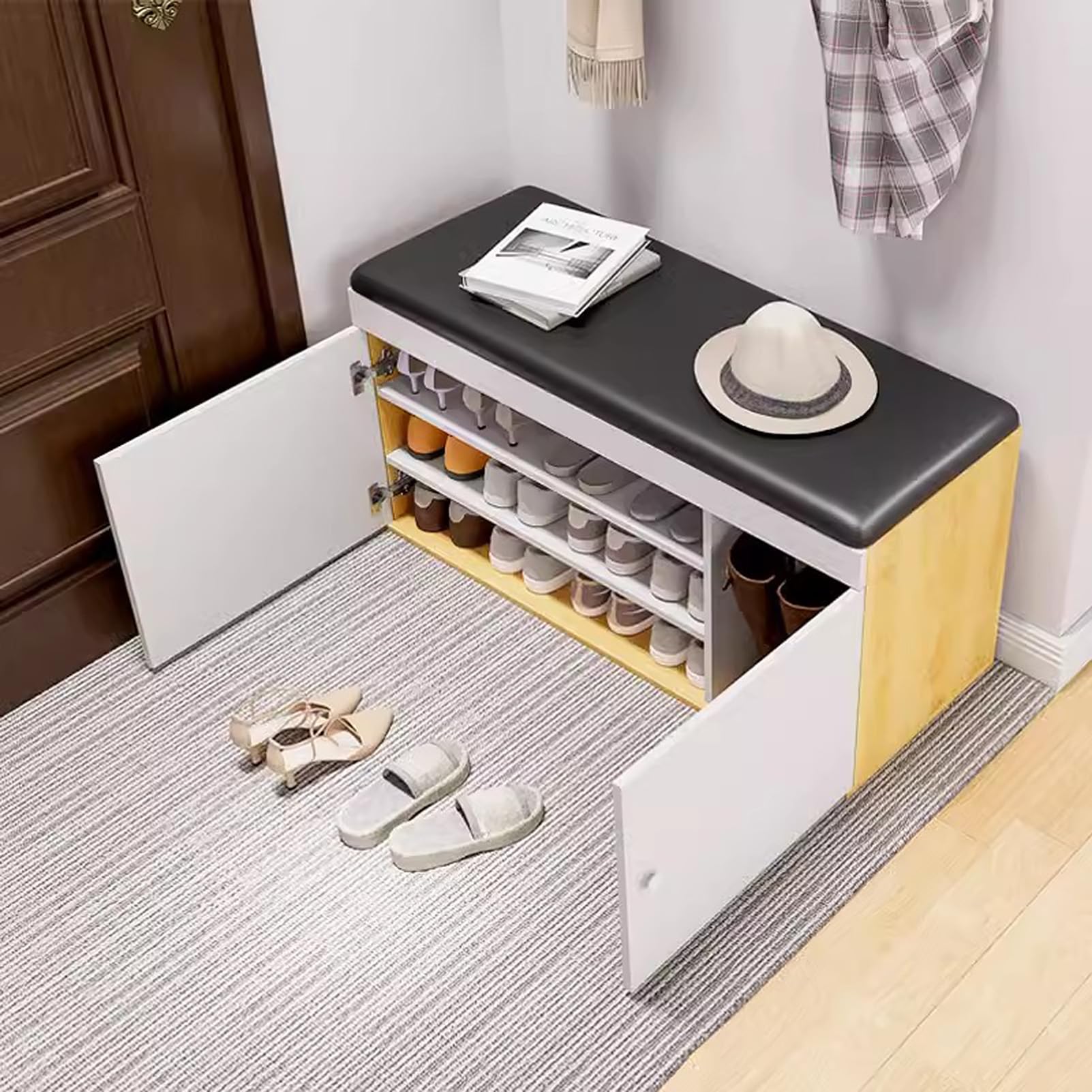 MYUYEE Shoe Storage Bench With Doors And 4 Compartments, Entryway Shoe Bench Seat Cabinet For Hallway, Bedroom, Living Room