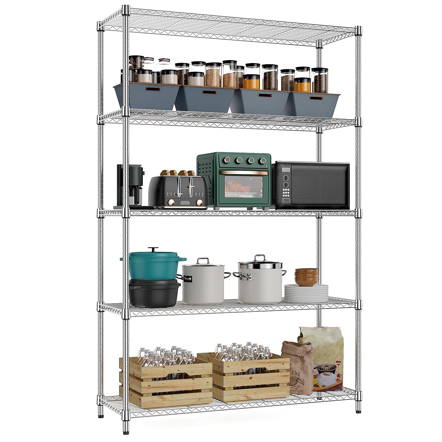 M MZG Shelf Height Adjustable Shelves Total Load Capacity 795 kg Heavy Duty Rack Wire Pantry Shelves for Tool Shed, Garage, Storehouse Chrome 40 x 115 x 178.7 cm โ image 1