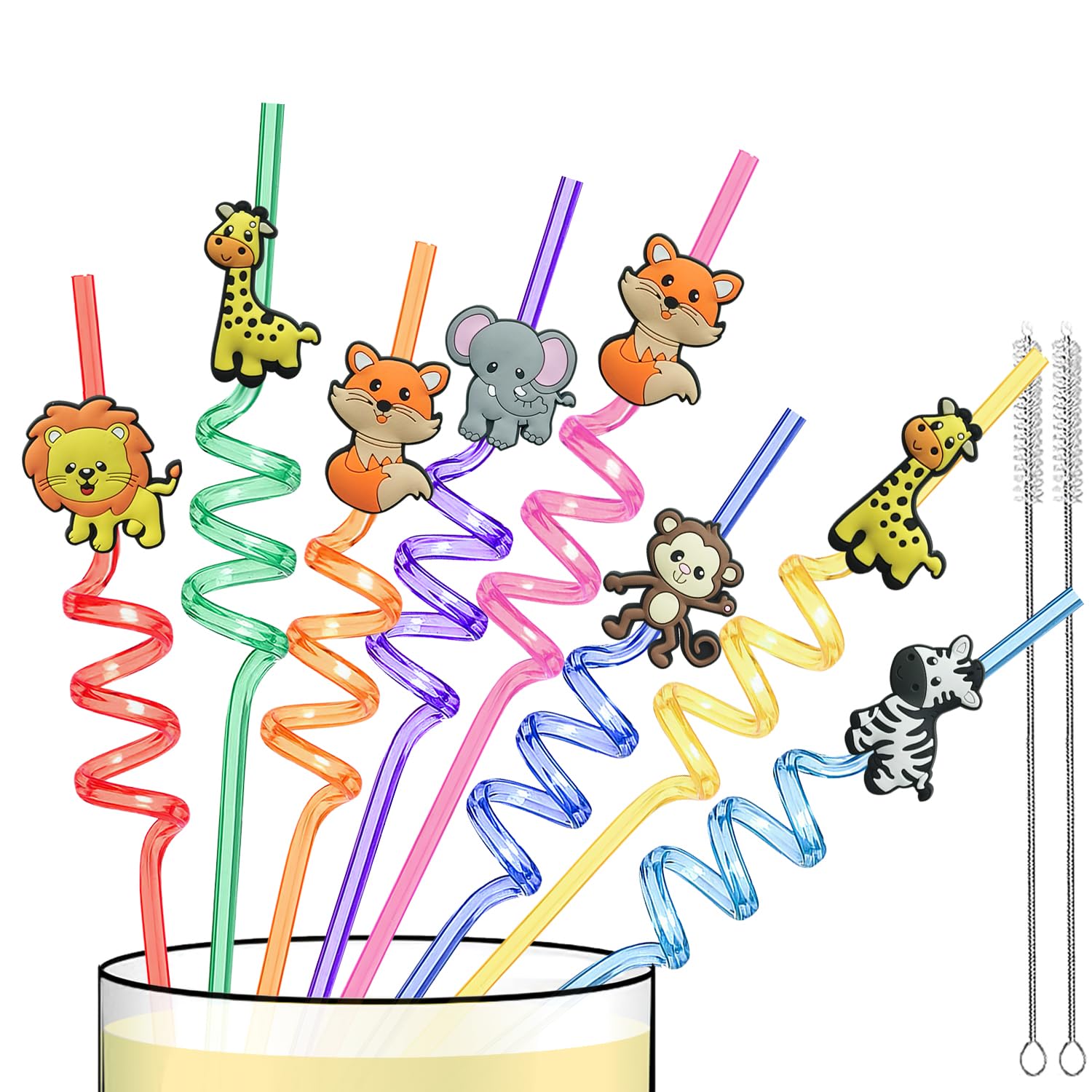 24 PCS Reusable Safari Straws Party Favors, Plastic Jungle Animal Swirly Drinking Straws for Adults Woodland Party Decorations Supplies Lion Fox Zebra