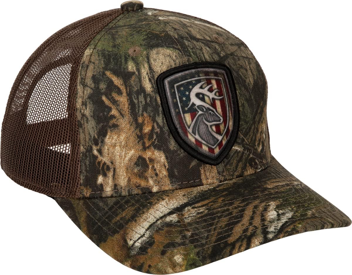 Drake Men's Americana Shield Patch Mesh Snapback Light Breathable Camo Hunting Baseball Cap | Cotton Twill Front Panels, OSFM