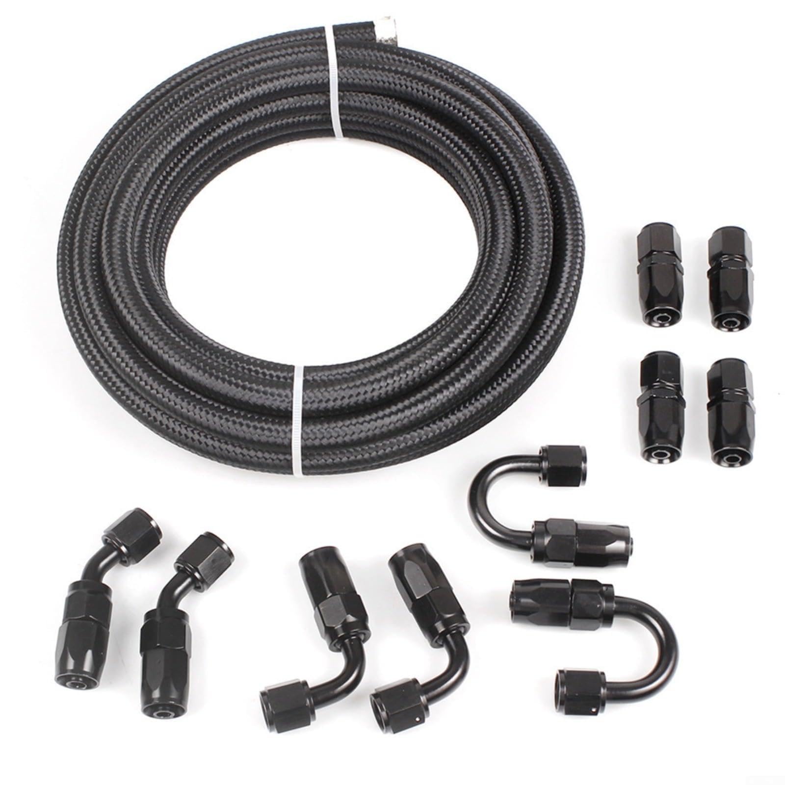 Juego de mangueras de nailon y acero inoxidable AN6, 6 m, para trenzadas, con 10 accesorios para aceite, combustible, hidráulica, color negro