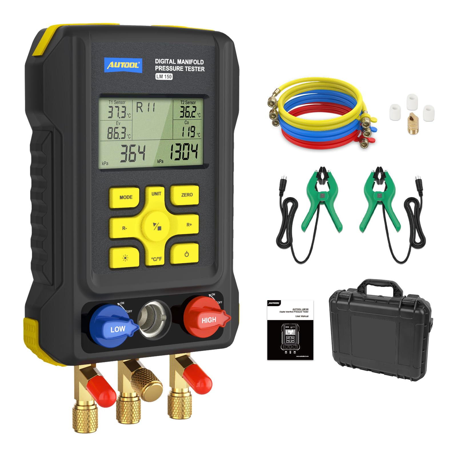 AUTOOL LM150 Digital HVAC Manifold Gauges - Dual Pressure & Temperature Measurement, Vacuum Level Detection, Refrigerant Identifier with Built-in Database for Air Conditioning & Refrigeration Systems
