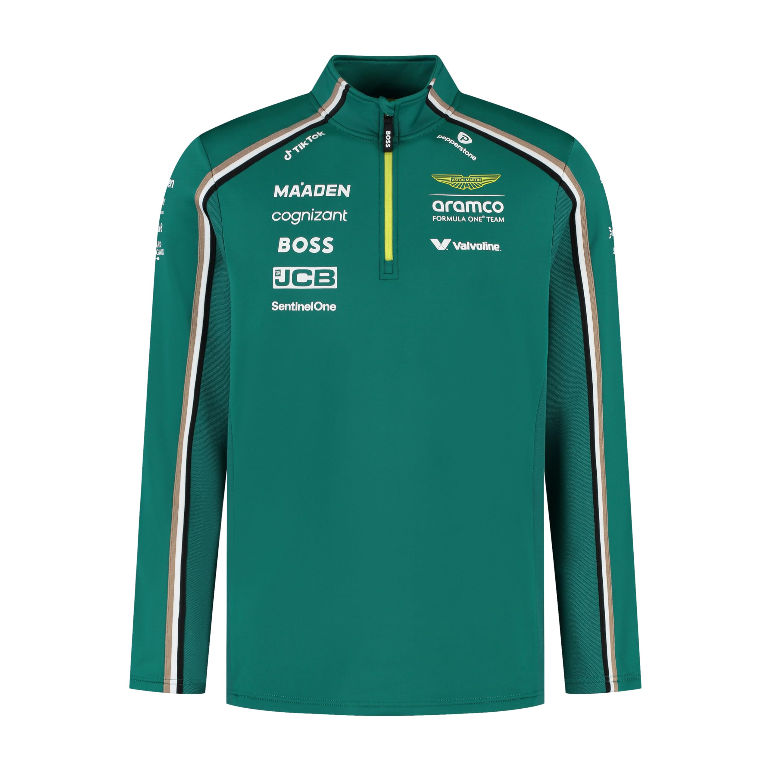 Aston Martin F1 2025 Sudadera 1/4 Zip para Hombre | Logotipos de los socios del equipo de la Scuderia Ferrari de 2025, Detalle de rayas del equipo en el cuerpo