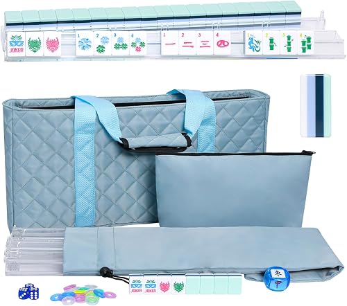 Jongyance American Mahjong Set(4 Layer) with Blue Carrying Bag, 160 Engraved Acrylic Tiles, 4 All-in-One Rack/Pushers, Mahjong Tiles Set (Ma Jong, Mah-Jongg, Majiang)