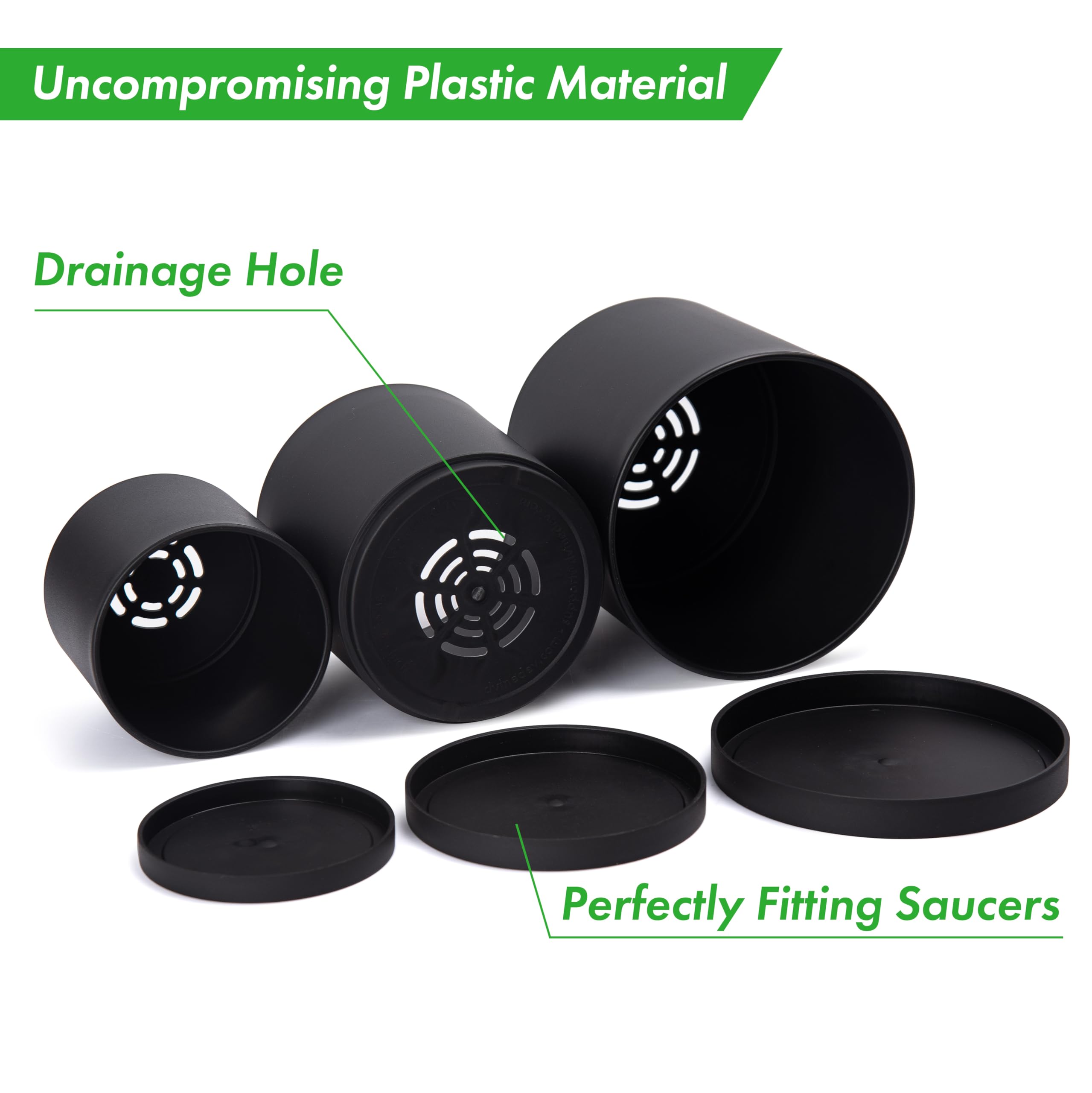 D'vine Dev 4 Inch 5 Inch 6 Inch, Set of 3 Plastic Planter Pots for Plants with Drainage Hole and Seamless Saucers - Image 3