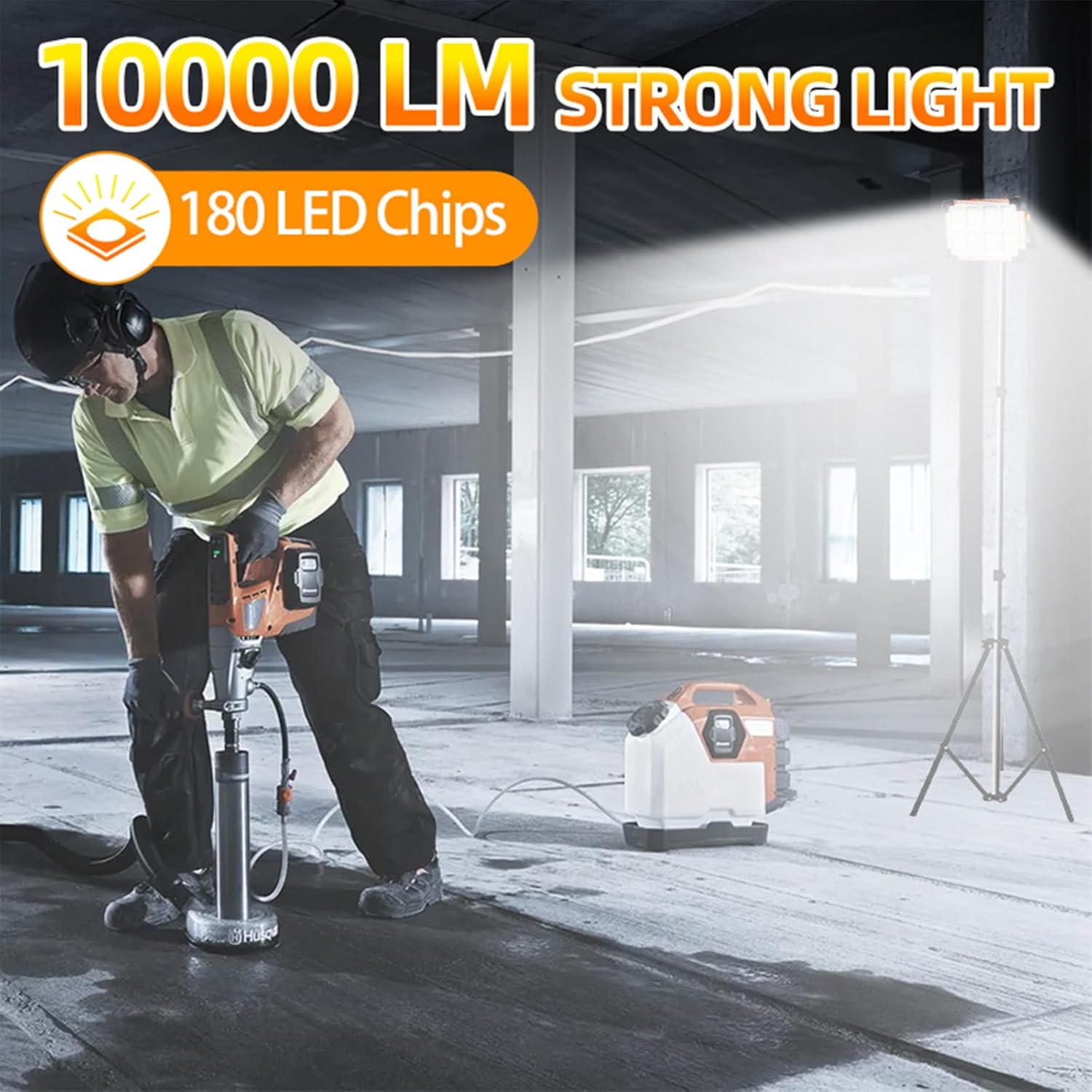 150W Solar Rechargeable Work Light, 180 LED 10000LM Portable Flood Light, IP65 Waterproof 3 Modes, with Stand, for Job Site Home Repair Camping Fishing Garage Workshop Emergency