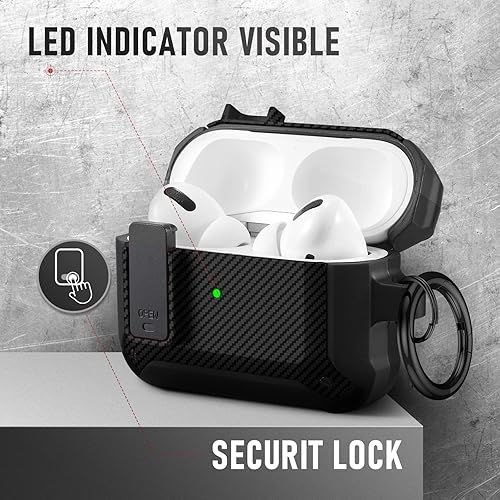 Vista 44 de Maxjoy Funda para AirPods Pro, clip de bloqueo seguro de fibra de carbono, cuerpo completo, a prueba de golpes, carcasa rígida con llavero para Negro