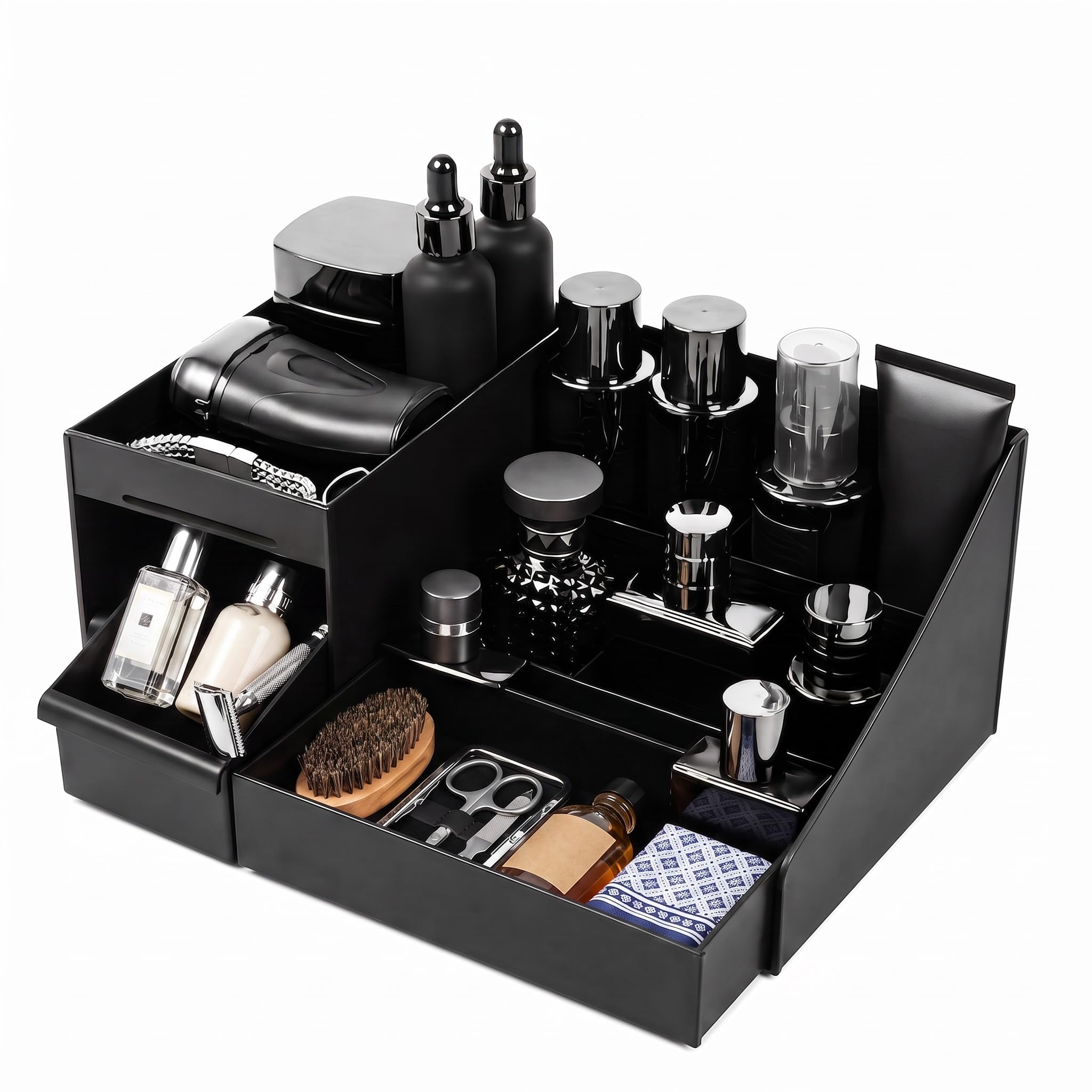 Black Cosmetic Organiser for Men, with Drawers Skincare Storage Box