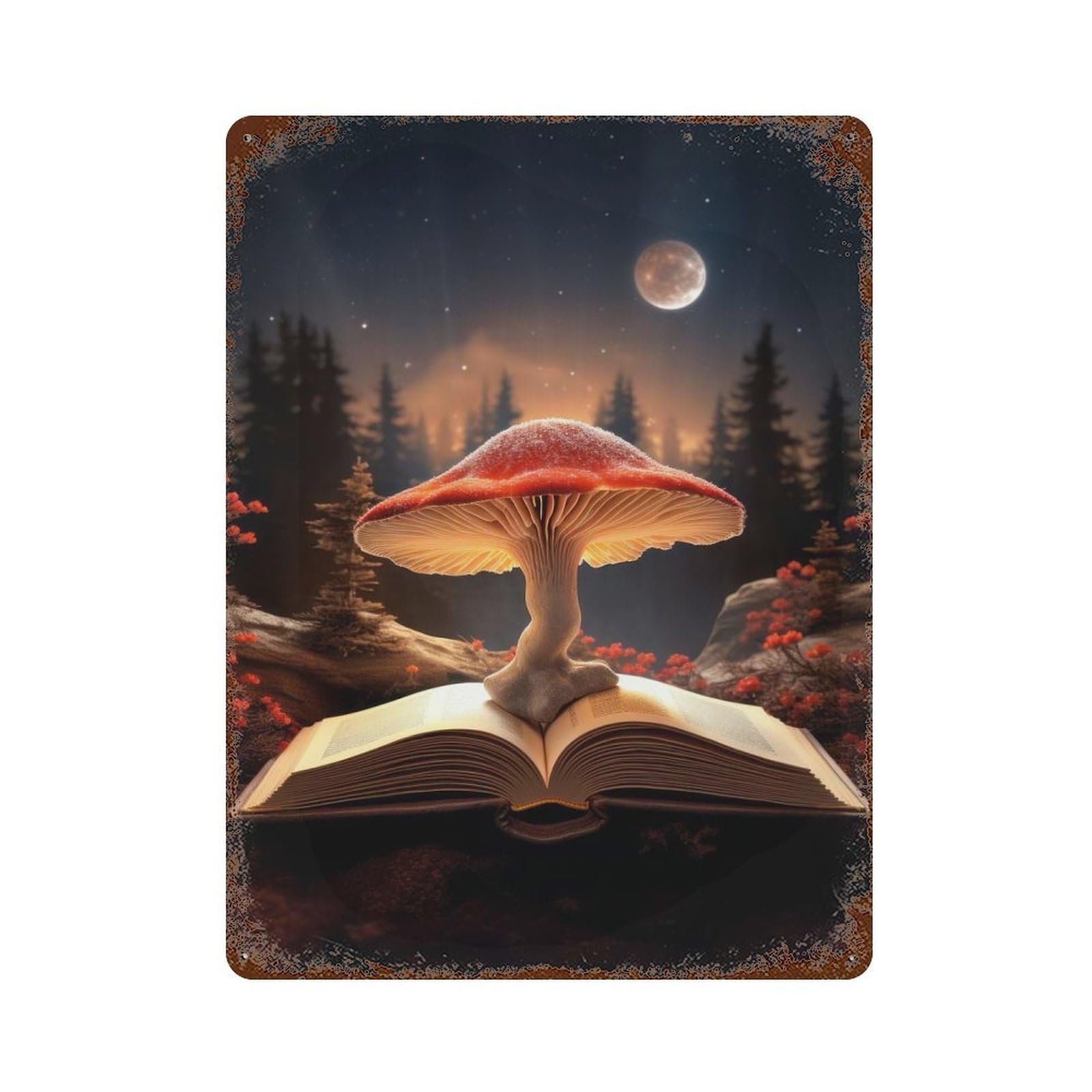 Magic Mushroom Book Rusty Metal Tin Sign 15.7"x11.8", Shabby Chic Decor for Garage, Bar And Workshop Decor