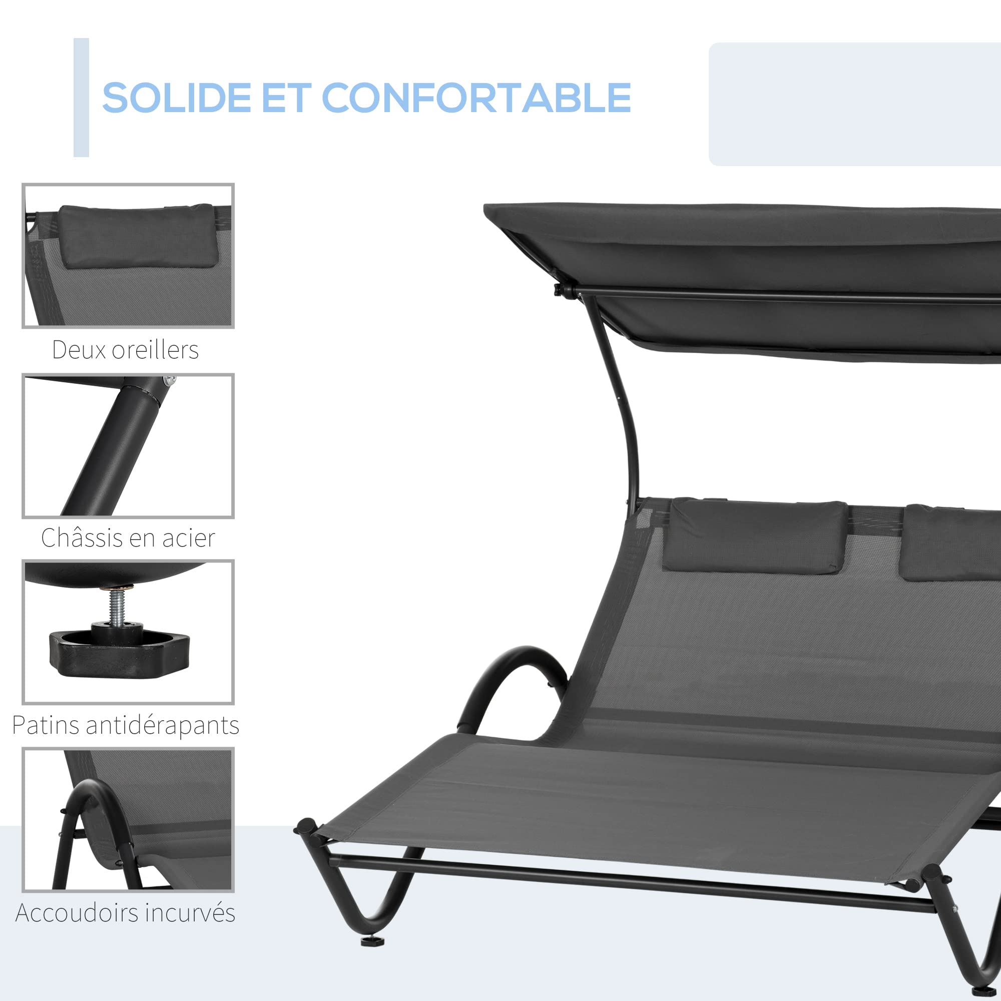 Outsunny Bain de Soleil 2 Places transat avec Toit réglable Appui-têtes et roulettes en Acier et Polyester dim. 200L x 137l x 138H cm Gris foncé