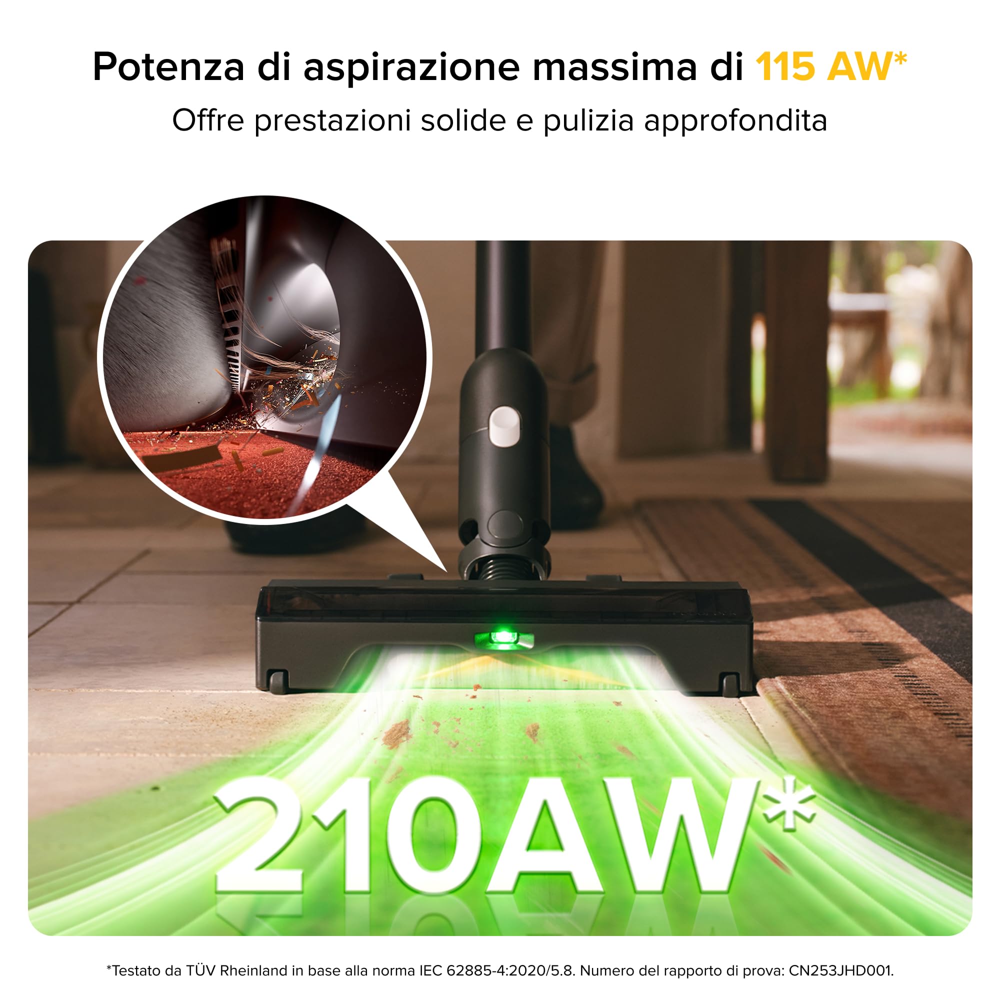 roborock H60 Ultra Aspirapolvere Senza Fili, 210AW, 90 min Autonomia, Tubo Flessibile 90°, Rilevamento Polvere LED, Spazzola Anti-Grovigli per Tappeti, Pavimenti e Peli di Animali