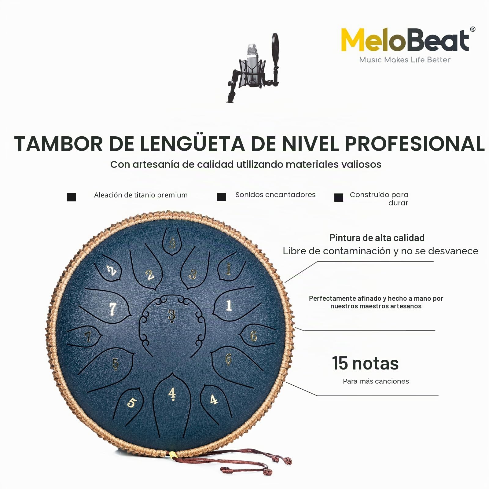 MeloBeat Tambor de Lengua Acero - 12 Pulgadas 15 Notas Tongue Drum Set Profesional de Handpan en Re Mayor Incluye Libro de Canciones, Clave D ((Azul Oscuro)