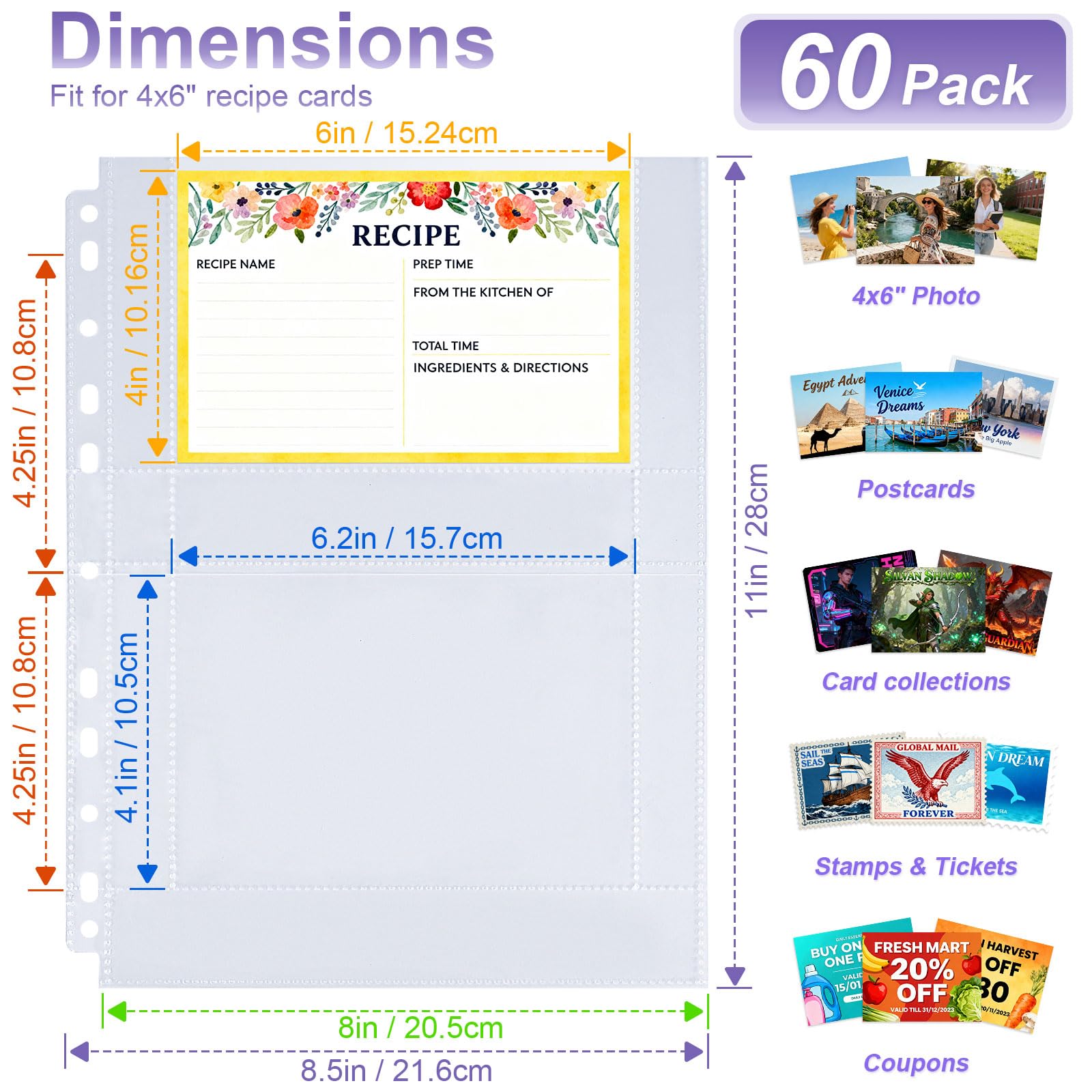 Amazon.com: 60 Pack 240 Pockets 4x6 Recipe Card Sleeves,3 Ring Binder  Recipe Card Protector Pages,Double Sided 2 Pocket Refill Sheets for Recipe  Book, 8.5x11 Inch Top Loading Clear Sleeve Sheets: Home &