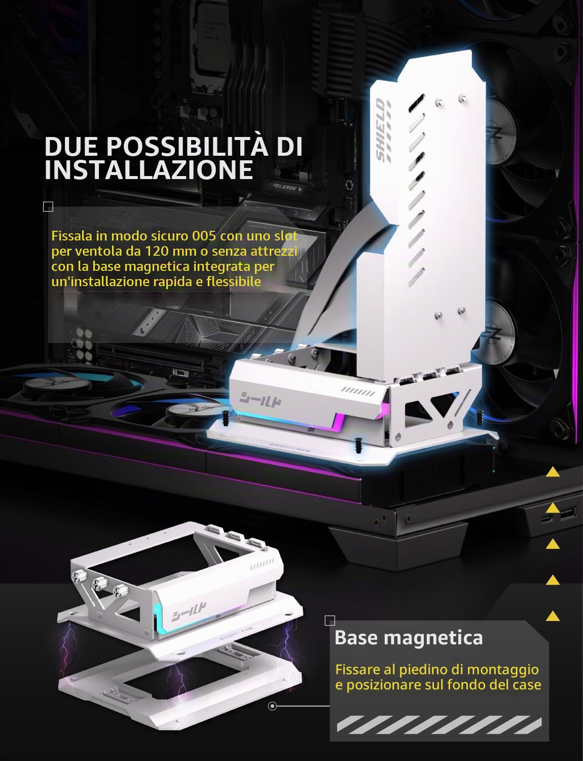 EZDIY-FAB Shield ARGB Supporto verticale per GPU con cavo riser PCIe 5.0, staffa verticale GPU Supporto RTX serie 50, angolo regolabile a 20 gradi, installazione magnetica e slot ventola