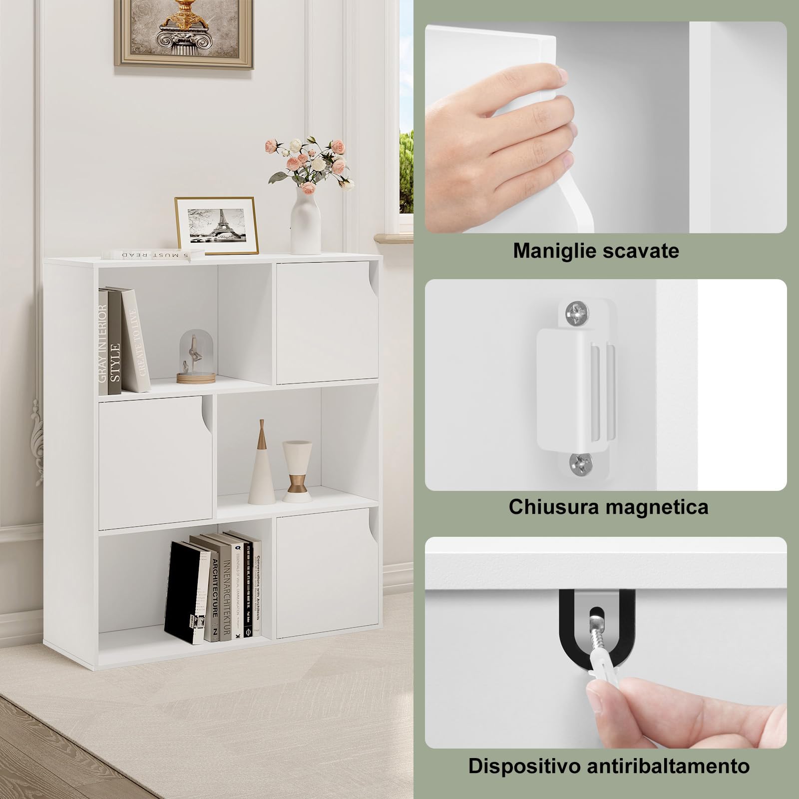 eSituro Libreria Autoportante a 6 Scomparti, Porta Libri con Ante, Scaffale a 3 Ripiani Portaoggetti, Divisorio per Ambienti, Ufficio, Studio, Soggiorno, in Legno, 80x30x96cm, Bianco, SBKC0050