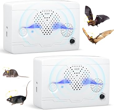 2 Pack Upgraded Bat Repellent for Attic,Ultrasonic Bat Deterrent Devices,Rechargeable Bird Repellent for Indoor&Outdoor,Friendly to Human & PetWhite