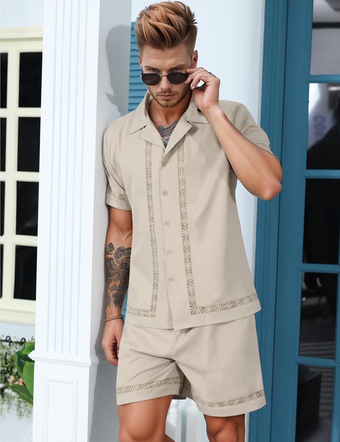 Mens 2 Pieces Linen Set Short Sleeve Shirt and Shorts Resort Wear Summer Vacation Beach Yoga Matching Outfits - Image 2