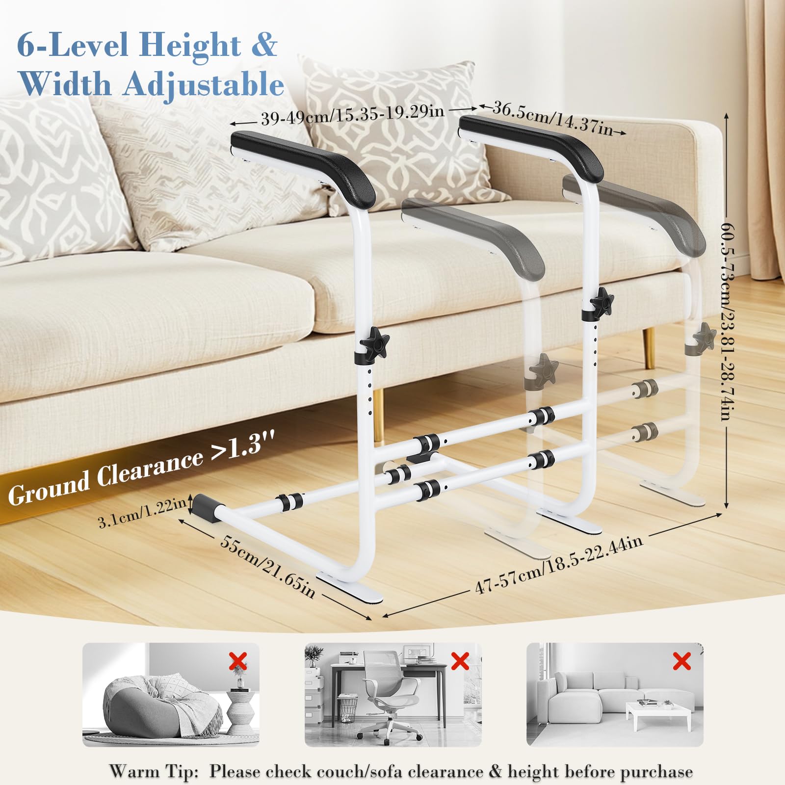 Soporte para Levantarse del Sofá, Ayuda para Levantarse con 6 Alturas y Anchos Ajustables, Construcción Robusta, Ayuda para Levantarse de la Silla de Sofá para Personas Mayores, hasta 204 kg