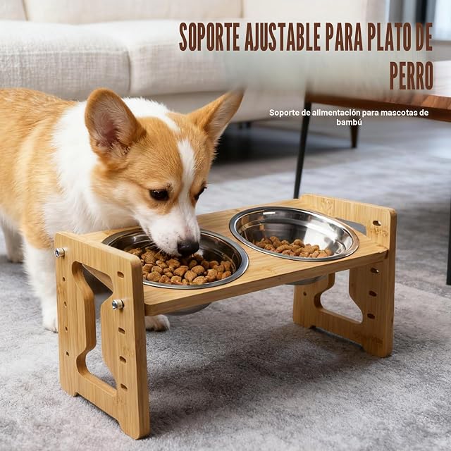 Foto 4 de 7 de GOEDCH Comedero de madera antideslizante para perros con altura ajustable: 9 alturas ajustables con soporte