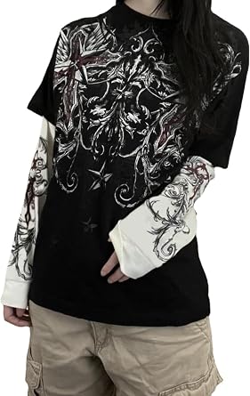 Unisex Goth Shirt Goth Shirt Fake Two Piece Alternative Clothing Retro Baggy Goth Long-Sleeved Top Garbage Goth T-Shirts