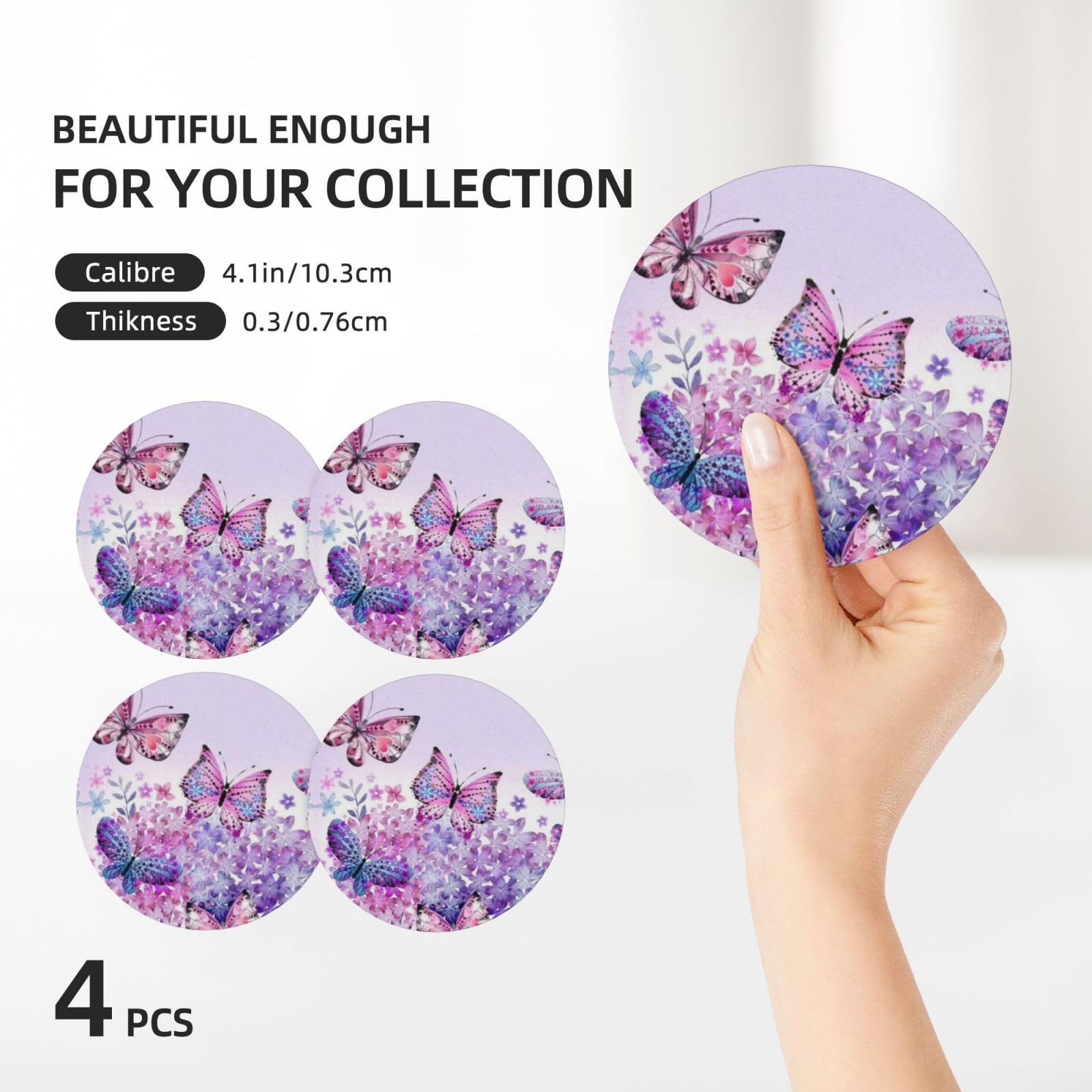 Set 4 Sottobicchieri Rotondi In Ceramica Con Farfalla Magica – Assorbenti, Base In Sughero, Diametro 10,2 Cm, Decorazione Casa, Regalo Donna