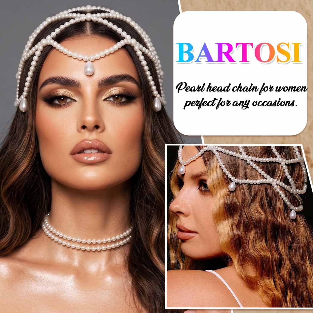 BARTOSI Pearl Headpiece Cap Bridal Roaring 20s Hair Accessories for Women | White Pearls Mesh Head Chain Vintage 1920s Flapper Hair Cap Prom Headpiece