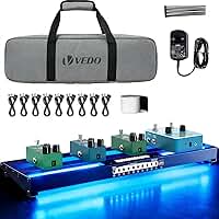 VEDO Pedalboard para guitarra, com fonte de alimentação integrada, dimensões 19x5,1x1,8 polegadas, fabricado em liga de alumínio, acompanha cabo para pedal, bolsa e placa adesiva com ganchos.
