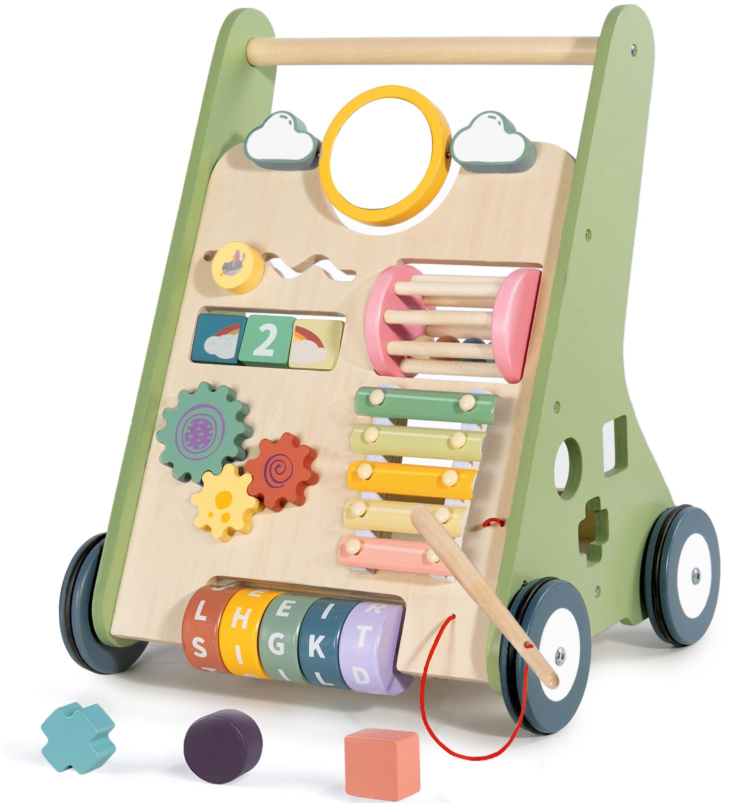 LOL-FUN Wooden Baby Walker for 1 2 Year Olds, Toddlers Push Along Walkers with Blocks, 10in1 Multiple Learning Walking Toys Activity Center for Boys Girls Gift Age 12 Months