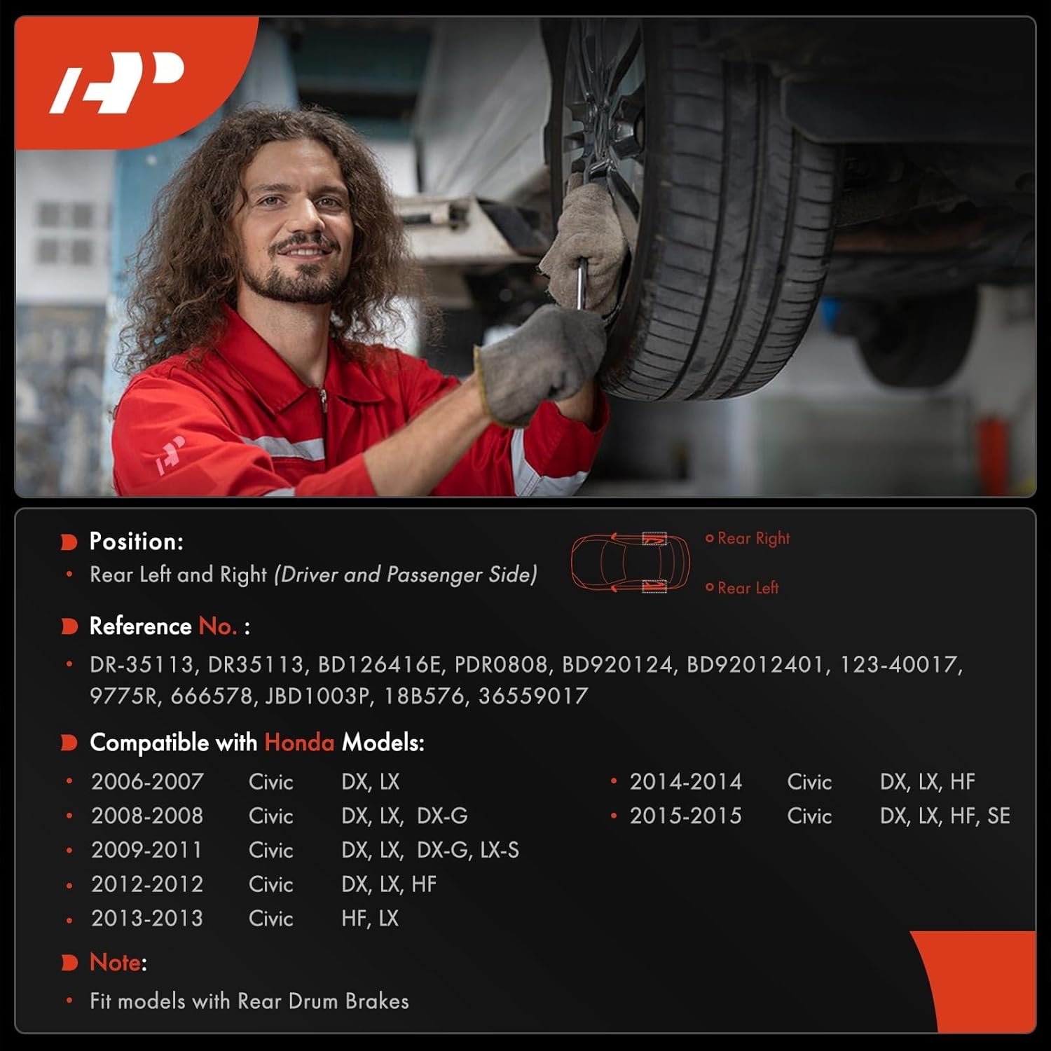 A-Premium Rear Disc Brake Drums Set Compatible with Honda Civic 2006 2007 2008 2009 2010 2011 2012 2013 2014 2015